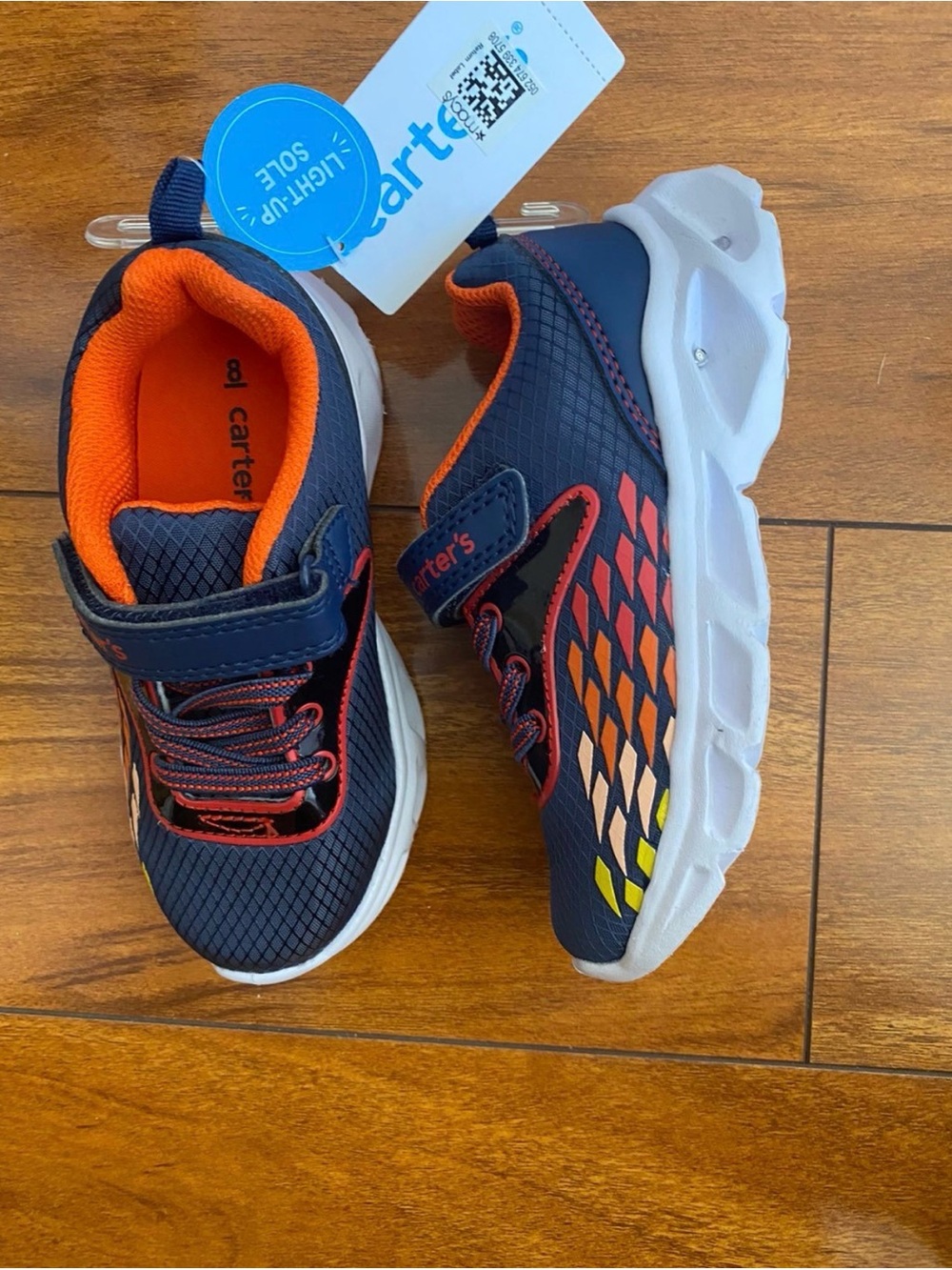 New boys Sz 7 toddler Carter's Navy Shoes with Orange & Yellow Accent Light-Up